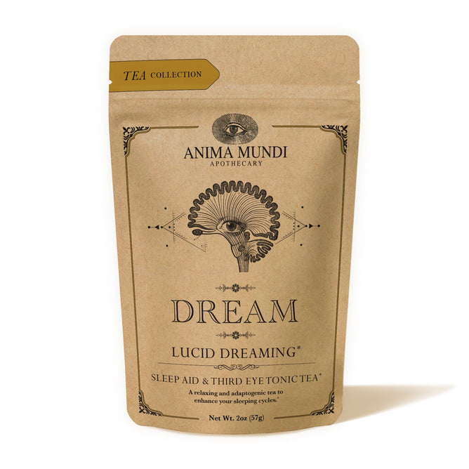 A brown pouch labeled Anima Mundi DREAM Tea, Sleep Aid + Third Eye Tonic, featuring an ornate eye design—crafted to support the nervous system and promote restful sleep.