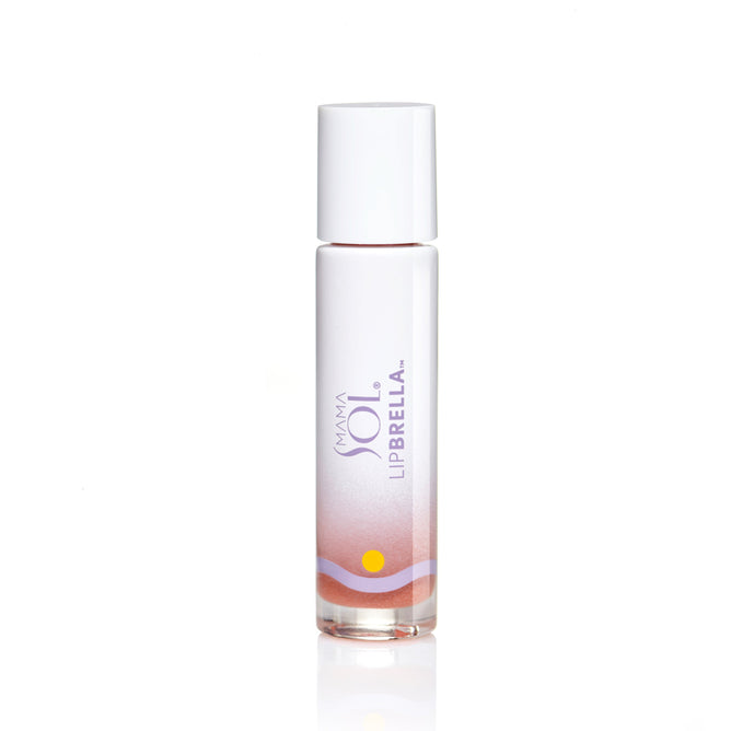 A clear cylindrical LIPBRELLA 100% Mineral Tinted Lip Oil SPF 20 tube by Mama Sol features a white cap and pastel wave design with a sun, shown on a crisp white background.