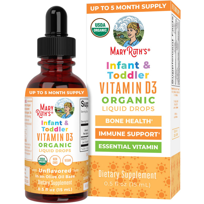 MaryRuths Infant & Toddler Vitamin D3 Drops, sold in a bottle and box, highlight benefits like USDA organic certification, vegan ingredients, and non-GMO status. Ideal for promoting bone health and enhancing immunity in children.