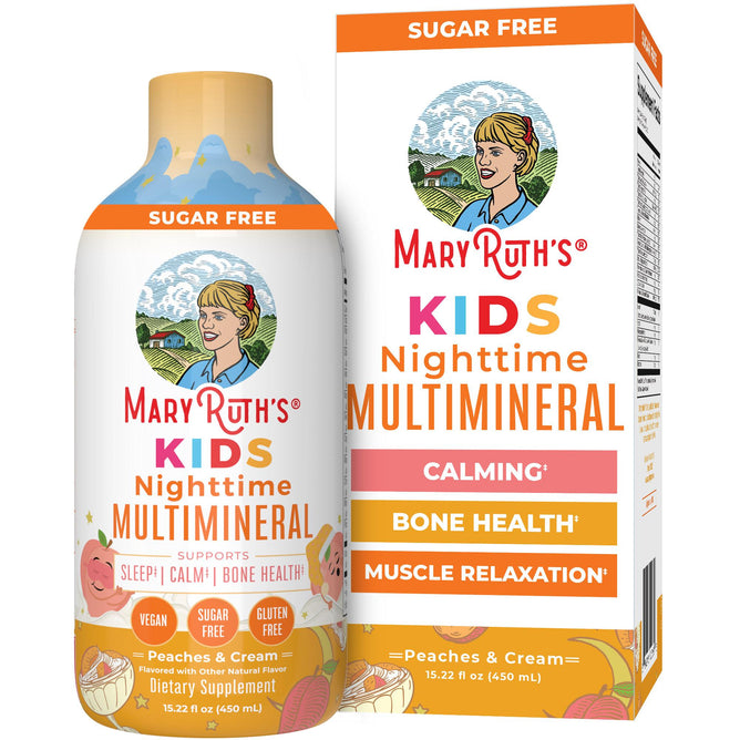 MaryRuths Kids Nighttime Multimineral Liquid in Peaches & Cream flavor supports kids calming bedtime routines, bone health, and muscle relaxation with nourishing vitamins—all in a sugar-free formula. Includes bottle and box.