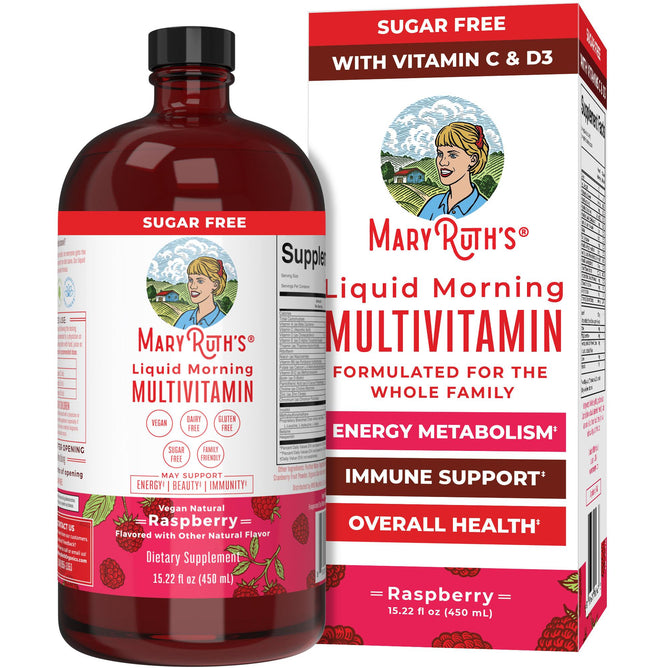 A bottle and box of MaryRuth’s Morning Multivitamin Liquid, raspberry flavor and sugar free, with vitamins C & D3. Packaging highlights key nutrients for energy metabolism, immune support, and overall health.