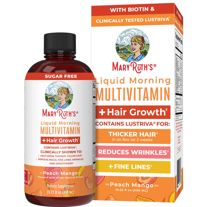 MaryRuths Morning Multivitamin +Hair Growth Liquid, 15.22 oz (peach mango flavor), is sugar free with biotin, supports hair growth, improves skin health, and helps reduce wrinkles and fine lines.