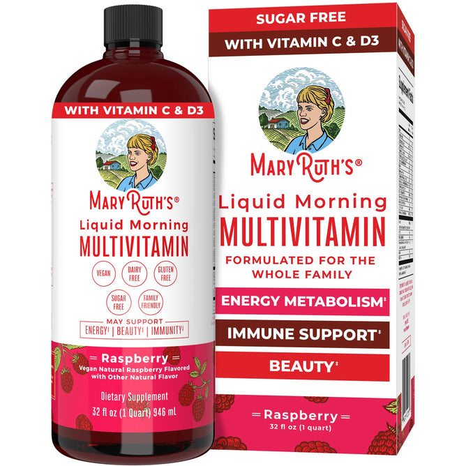 MaryRuth’s Liquid Morning Multivitamin, raspberry flavor, sugar free, provides essential vitamins C & D3 to support energy metabolism, immune health, and beauty; suitable for the whole family.