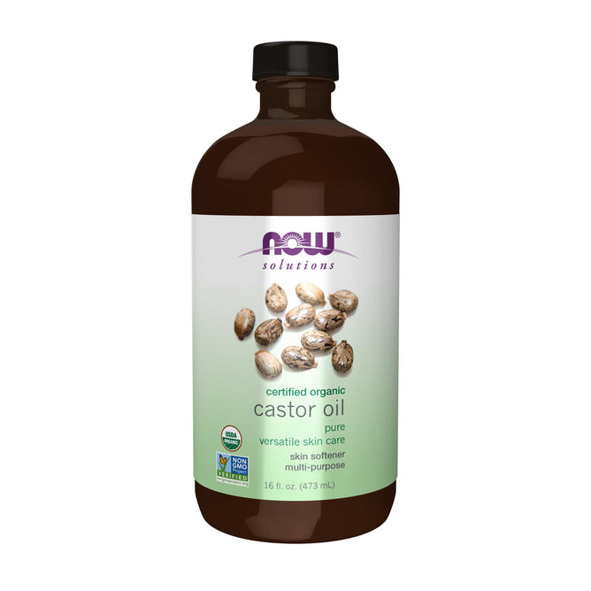 NOW Foods Castor Oil, Organic in Amber Glass features castor seeds on its label as a versatile natural skin emollient. The 16 fl. oz. bottle displays USDA Organic and Non-GMO Project Verified certification logos prominently.