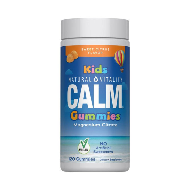 A bottle of Natural Vitality CALM Kids Sweet Citrus, a magnesium supplement for nervous system health, contains 120 vegan gummies with no artificial sweeteners. The label has colorful text and hot air balloon graphics.
