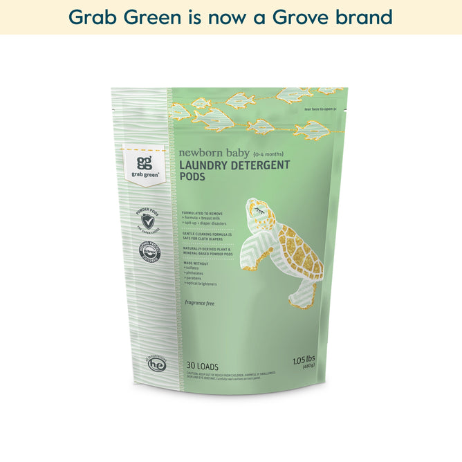 A green bag of grab green Newborn Laundry Detergent Pods - Fragrance Free (Coming Soon!) features a sea turtle design. Ideal for cloth diapers, this gentle, 30-load pack ensures effective stain removal. Grab Green is now a Grove brand.