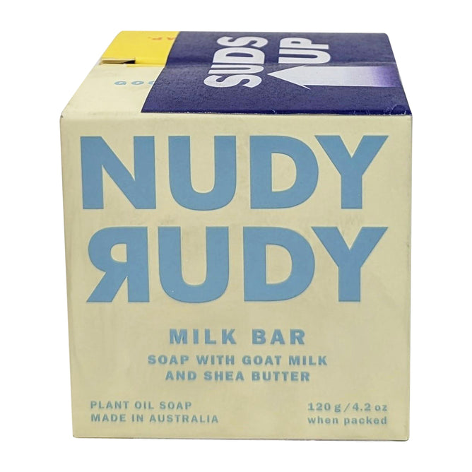 A Duo 2 Pack Bar Soap by Nudy Rudy, triple-milled with shea butter, goat milk, and plant oils. Made in Australia, each bar weighs 120g/4.2oz. Features blue and yellow text on a cream background with natural ingredients.