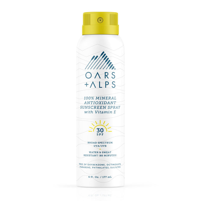 Oars + Alps 100% Mineral Antioxidant Sunscreen Spray - SPF 30 offers broad-spectrum UVA/UVB protection with Vitamin E. The white can features blue text, a yellow cap, and sun graphics.
