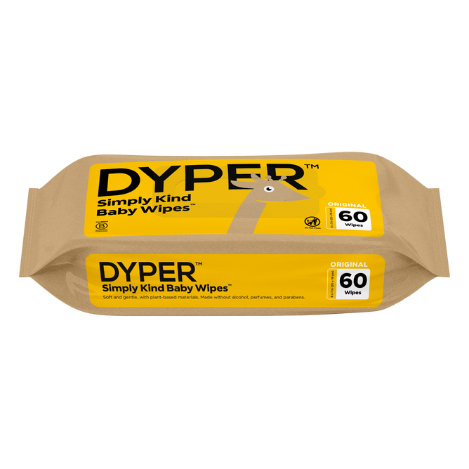 A pack of DYPER Bamboo Baby Wipes with a yellow label featuring a cartoon giraffe. Each package contains 60 hypoallergenic, plant-based wipes designed for gentle baby care.