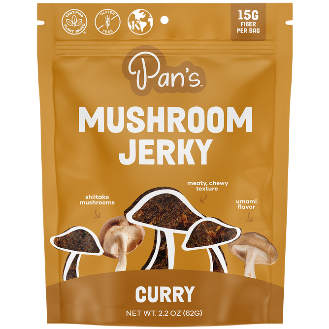 Pans Curry Mushroom Jerky is packaged in a brown bag with shiitake mushroom images, highlighting 15G Fiber and rich Umami flavor. This plant-based snack is gluten-free and vegan-friendly.