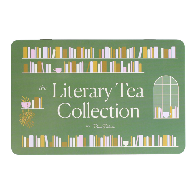 The Plum Deluxe Tea Gift Tin - Literary Tea is a green tin decorated with bookshelves, teacups, and a window—an ideal gift for tea lovers from the charming Plum Deluxe collection.