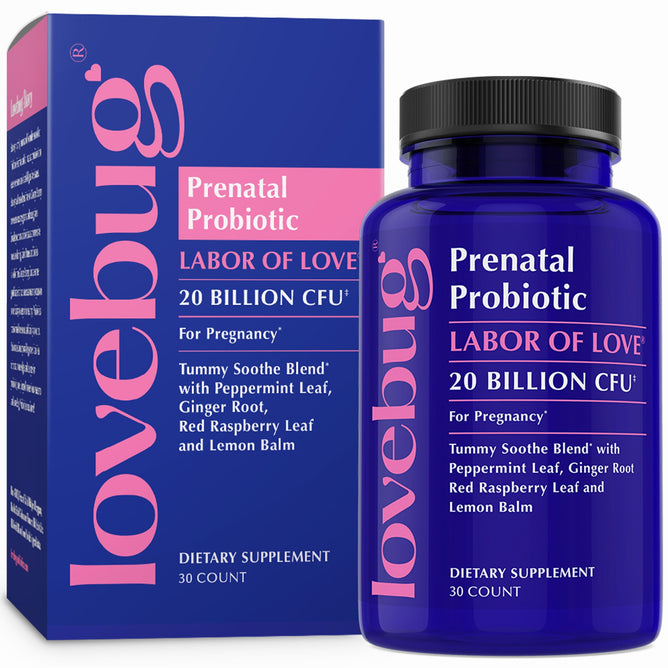 A blue bottle and box of Lovebug Prenatal Probiotic - Tummy Soothe Blend, with 20 billion CFU and 30 capsules, featuring probiotic strains to help manage pregnancy symptoms.