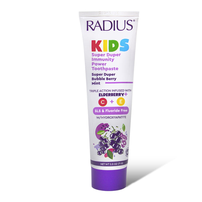 A tube of Radius Super Duper Kids Immunity Toothpaste in Bubble Berry Mint flavor, with colorful text and berry graphics, highlights being fluoride-free with hydroxyapatite plus elderberry and vitamins C & E.
