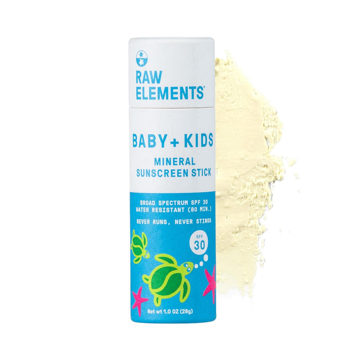 The Raw Elements Baby + Kids Paper Stick SPF 30 provides broad-spectrum protection in compostable blue and white packaging adorned with green sea turtles and pink starfish, featuring off-white sunscreen artistically applied next to the eco-friendly stick.
