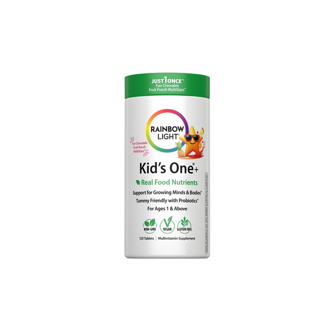 A 120-count bottle of Rainbow Light Kids One Multi Fruit Punch features a white label with colorful graphics, real food nutrients, probiotics for digestion, immune support, and is suitable for ages 1+.