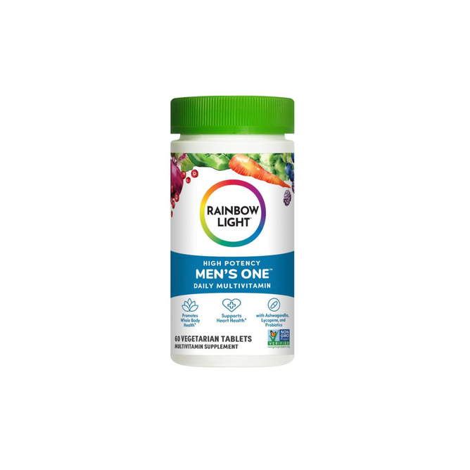A 60-count bottle of Rainbow Light Mens One multivitamin features a green cap and a label with colorful fruits and vegetables, highlighting high potency plus heart and immune health support.