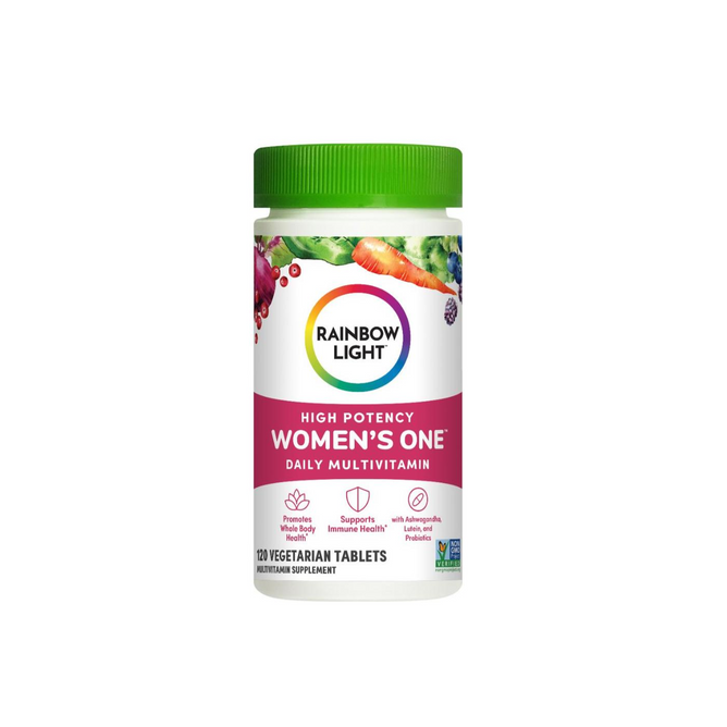 A bottle of Rainbow Light Womens One, 120 ct, features a green cap and colorful label with fruit and vegetable images. This womens multivitamin offers immune support with 120 vegetarian tablets inside.
