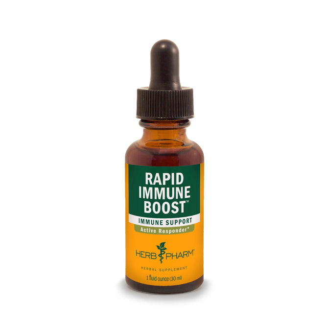 A brown glass dropper bottle labeled Rapid Immune Boost by Herb Pharm. This 1 fl oz (30 ml) herbal supplement with Echinacea root provides natural immune support.