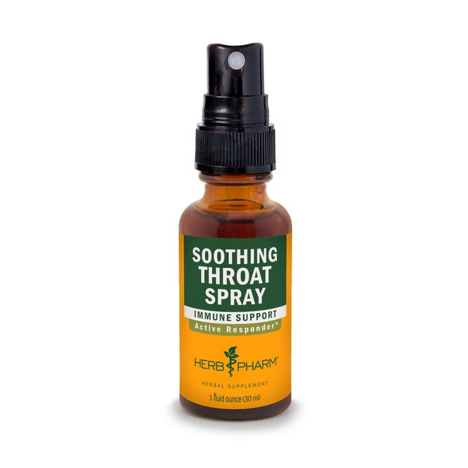 A brown bottle of Herb Pharm Soothing Throat Spray with a black spray cap and green label stating Immune Support, Active Responder, Herbal Supplement, 1 fl oz (30 ml).