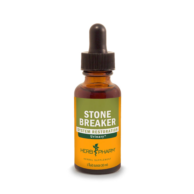 A 1 fl oz (30 ml) brown glass dropper bottle of Herb Pharm’s Stonebreaker herbal supplement features a black dropper cap and a green-yellow label with hydrangea root.