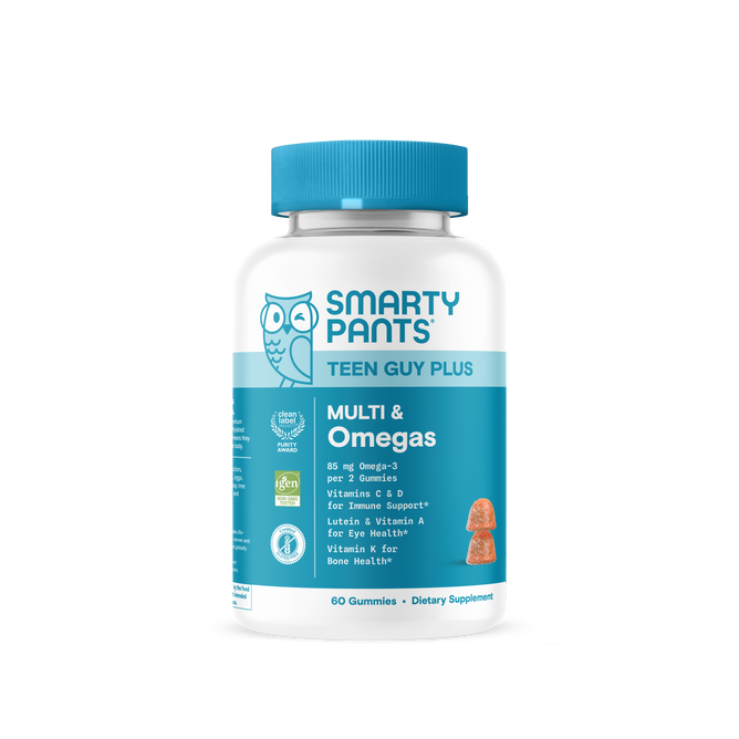 A white bottle with a blue label reads Smarty Pants Teen Guy Plus Multi & Omegas 60count. This teen multivitamin provides Omega-3, lutein, vitamin K, and key vitamins for immune, eye, and bone health. Contains 60 gummies.