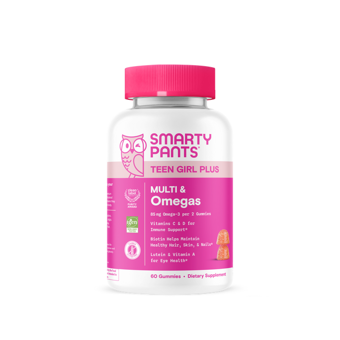 Smarty Pants Teen Girl Plus Multi & Omegas 60count features a pink label and contains 60 gummies. Packed with vitamins and omegas, it’s specially formulated for teen girls.