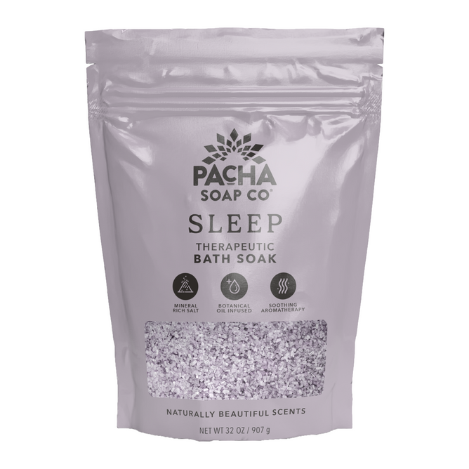 Pacha Soap Co. Sleep Salt Soak comes in a resealable lavender pouch and combines Epsom and sea salts, botanical oils, and calming aromatherapy. Net weight: 32 oz (907 g).