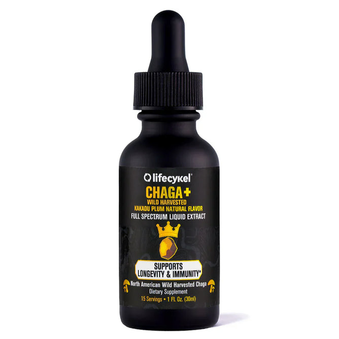 A black dropper bottle labeled Lifecykel Chaga+ Liquid Double Extract, featuring yellow and white text, uses a double extraction process to boost antioxidants for longevity and immune support.