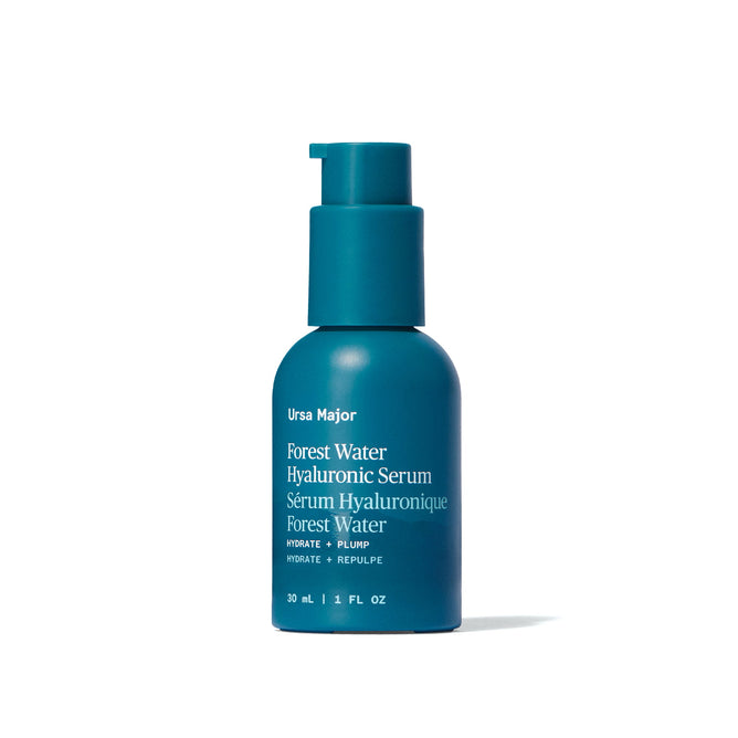 Ursa Majors Forest Water Hyaluronic Serum in a teal 30 ml (1 fl oz) bottle has a pump dispenser and bilingual text. Its ideal for dehydrated skin, offering hydrating and plumping benefits with hyaluronic acid.