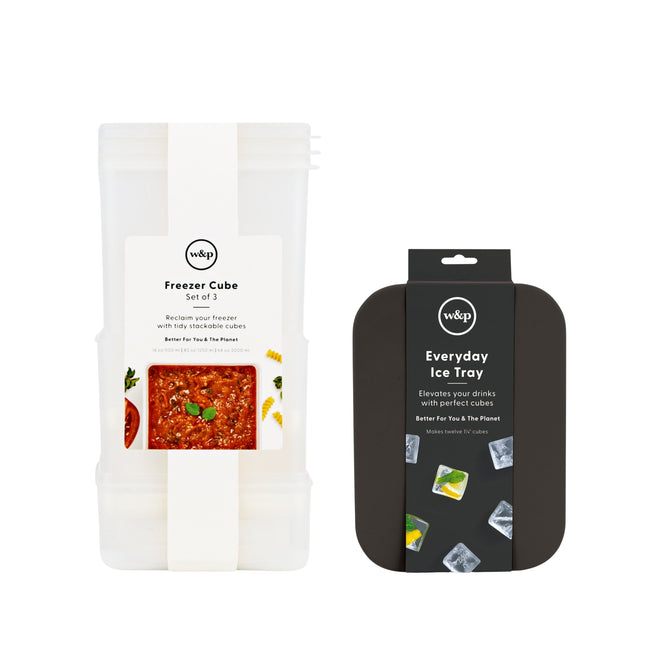A set of three white W&P Freezer Cubes + free gift sits beside a black everyday ice tray package, both branded by W&P—perfect for sustainable storage and batch cooking.