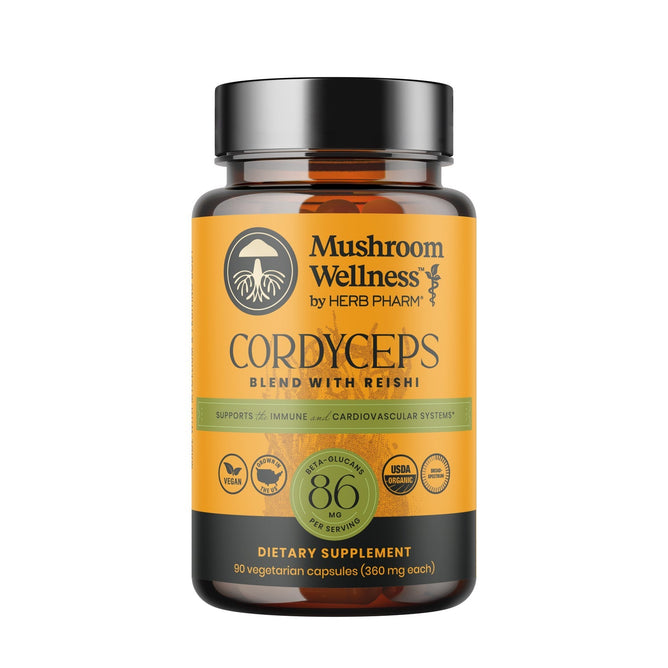 Herb Pharm’s Mushroom Wellness Cordyceps Blend Caps offers 90 organic, vegan capsules with cordyceps and reishi. This dietary supplement supports immune and cardiovascular health.