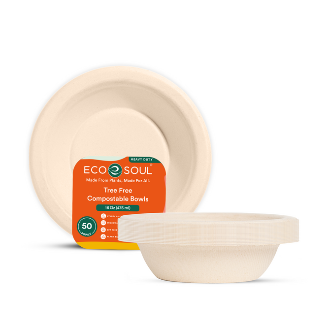 A stack of beige Eco Soul Tree Free Heavy Duty Compostable Bowls (16 oz, 50 count) made from sugarcane fibers is shown; one BPA-free bowl stands upright displaying the label while others are stacked beside it.