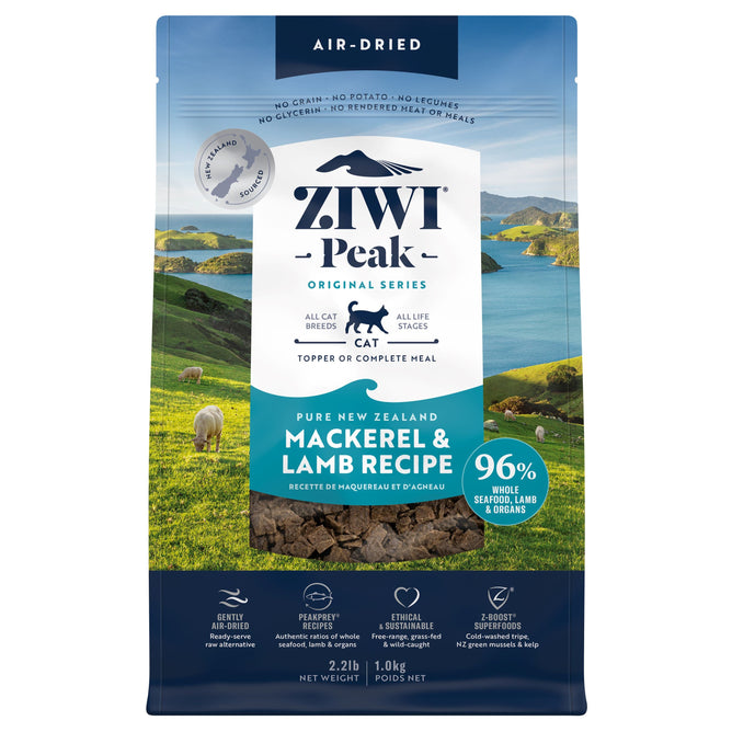 A blue and green bag of ZIWI Air-Dried Cat Food—All Natural, High Protein, Grain Free, Limited Ingredient with Superfoods—features a New Zealand landscape and cat icon. The “Mackerel & Lamb Recipe” highlights 96% seafood, lamb, and organs.