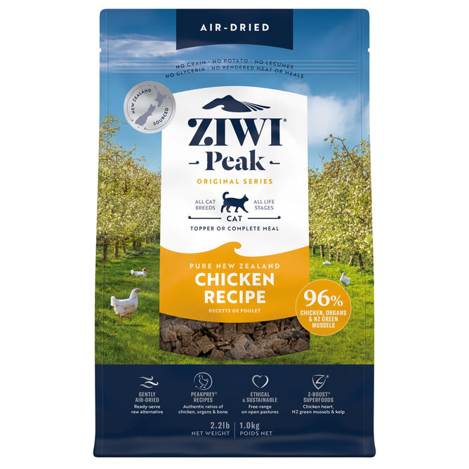 A blue and yellow bag of ZIWI Air-Dried Cat Food—All Natural, High Protein, Grain Free, Limited Ingredient with Superfoods—features a scenic farm image and highlights its raw alternative dry cat food formula.