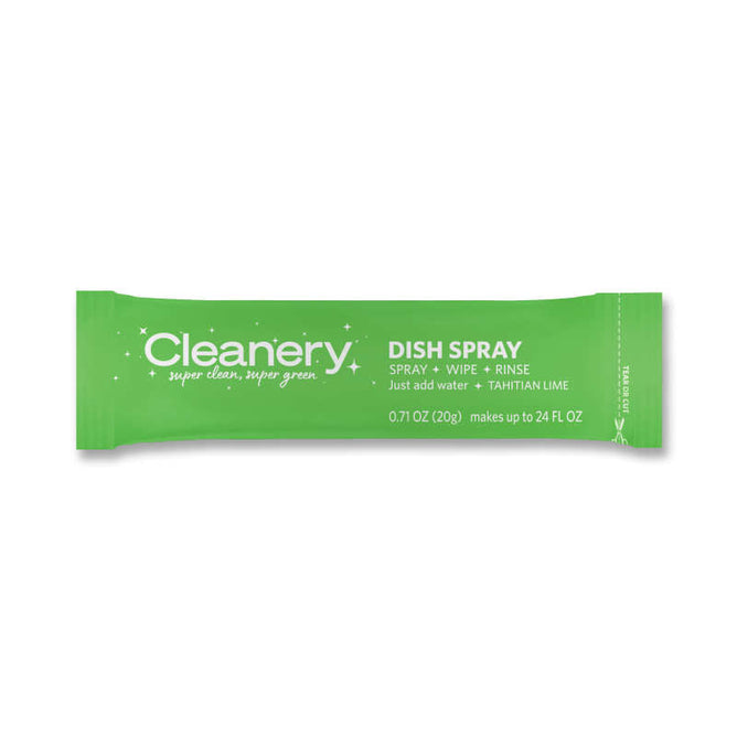 The Dish Spray Refill from Cleanery, in a green sachet and Tahitian Lime scent, is labeled Spray + Wipe + Rinse. It contains 0.71 oz (20g) and creates up to 24 fl oz of spray—simply add water for a fresh clean.