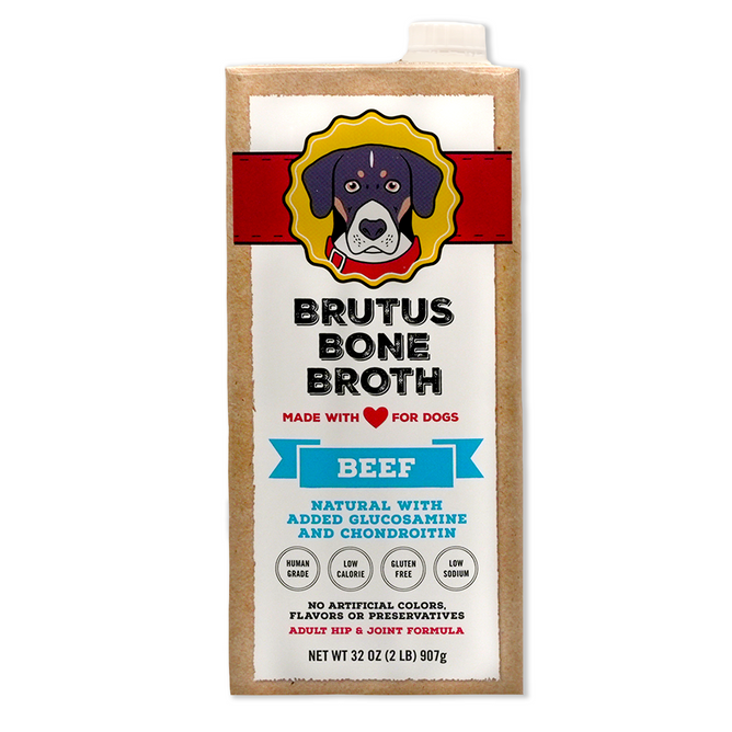 Brutus Broths Brutus Bone Broth Hip & Joint for dogs, in a beef flavor with glucosamine and chondroitin benefits, comes in a 32 oz (907g) carton. It features a cartoon dog and contains no artificial colors, flavors, or preservatives.