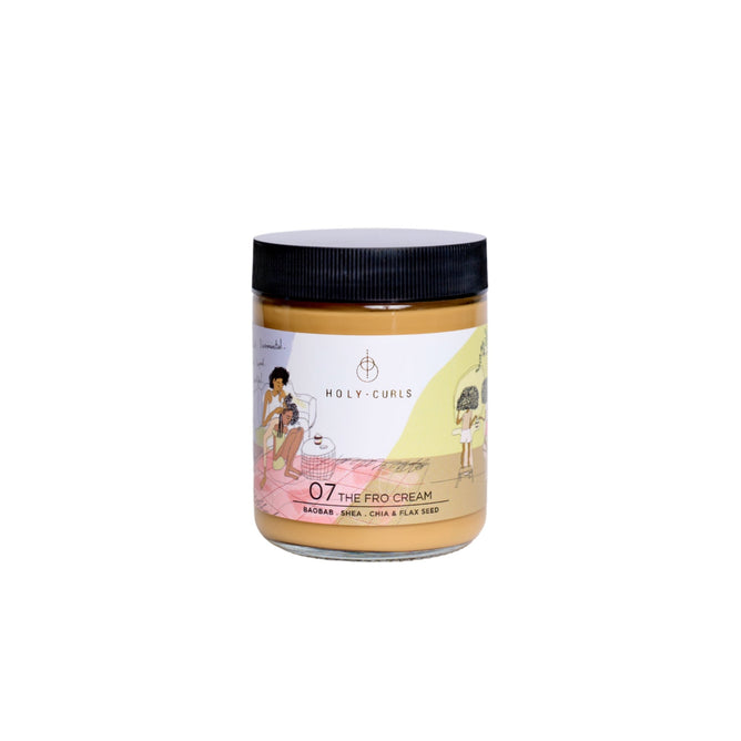 Holy Curls Fro Cream is an ideal styling product for afro textured and coily hair, featuring illustrations of people with curly hair on its label. It highlights natural ingredients such as baobab, shea, chia, and flaxseed. The jar is sealed with a sleek black lid.
