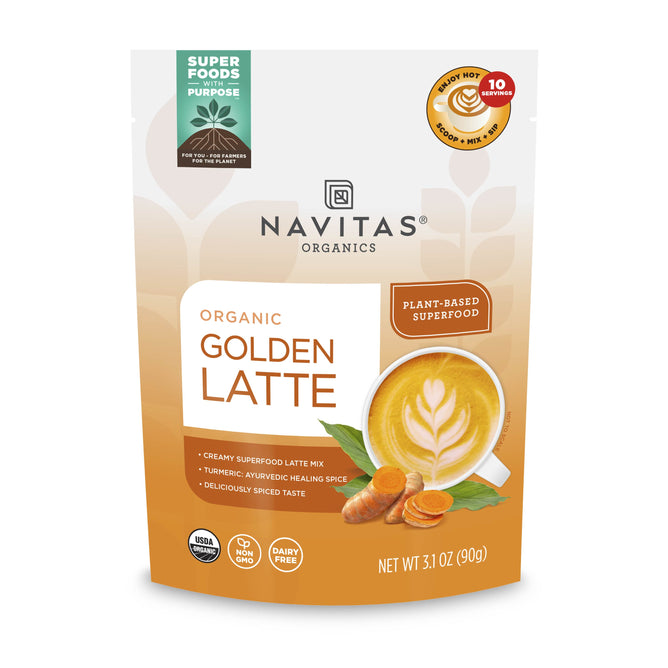 Navitas Organics Organic Golden Latte is a plant-based, dairy-free mix featuring organic turmeric and spices. The package displays latte art and highlights its USDA Organic certification. Net weight: 3.1 oz (90g).