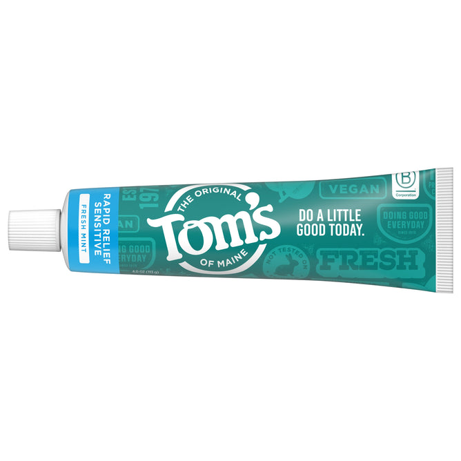 A turquoise tube of Toms of Maine Rapid Relief Sensitive Fluoride-Free Toothpaste features Fresh Mint text and the Toms logo over a white cap, ideal for sensitive solutions.