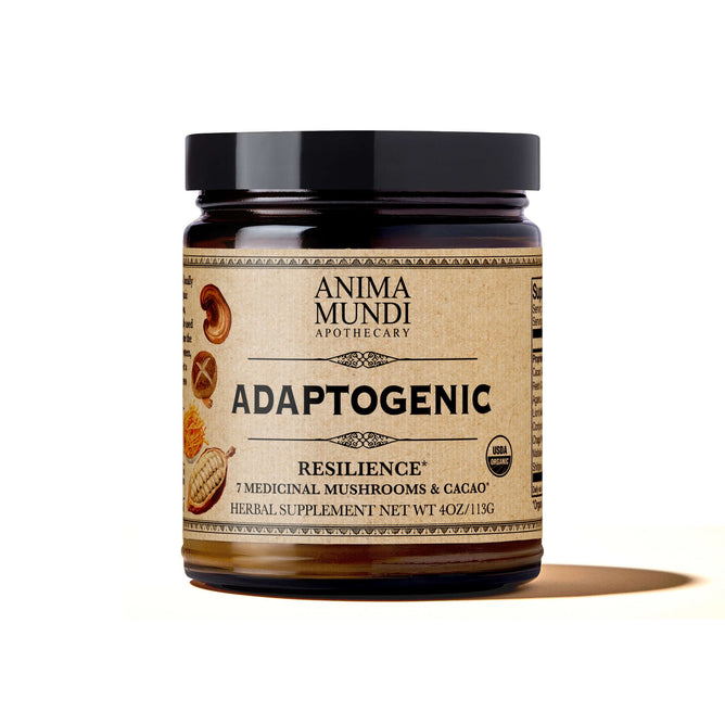 A jar of Anima Mundi ADAPTOGENIC Powder, 7 Medicinal Mushrooms + Cacao, with a beige label showcasing mushrooms and heirloom cacao. The label notes Herbal Supplement Net Wt 4oz/113g.