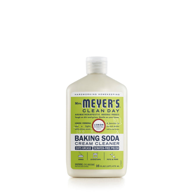 A 16 fl oz bottle of Mrs. Meyers Baking Soda Cream Cleaner in Lemon Verbena scent, known for its grease-cutting and scratch-free polish properties. Ideal for sinks, stovetops, pots, and pans, its part of their cruelty-free line.