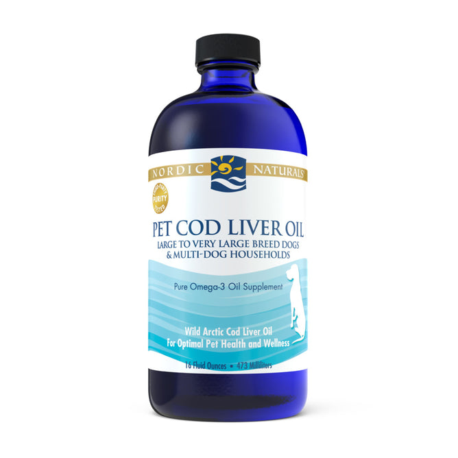 The Nordic Naturals Pet Cod Liver Oil, in a blue bottle of 16 fl. oz., is a pure Omega-3 supplement ideal for large to very large breed dogs and multi-dog households, featuring wild Arctic cod liver oil to support canine health and wellness.