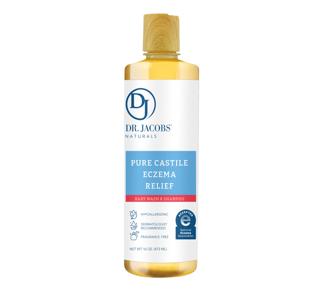 The Dr. Jacobs Naturals Eczema Relief Baby Wash is a hypoallergenic, dermatologist-recommended product enriched with antioxidant-rich olive and coconut oil, featuring a white, blue, and red label and a yellow cap. It is unscented and fragrance-free.