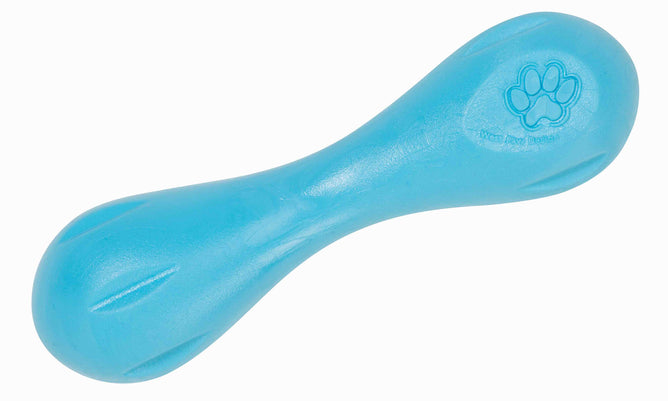 The West Paw Hurley® Super Chewers Dog Bone Toy in blue has a smooth, bone shape with a paw print emblem and is dishwasher-safe for easy cleaning. Made from zero-waste plastic, it ensures safety while reducing pet anxiety and boredom.
