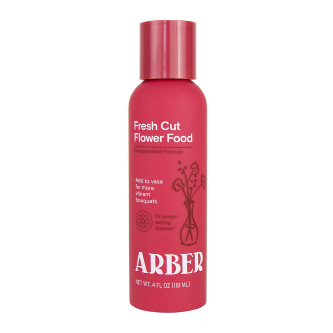 Arber Fresh Cut Flower Food, 4 fl oz (118 ml), comes in a red bottle with floral illustrations on the label. The text emphasizes its concentrated formula for enhancing flower vibrancy and prolonging their freshness.