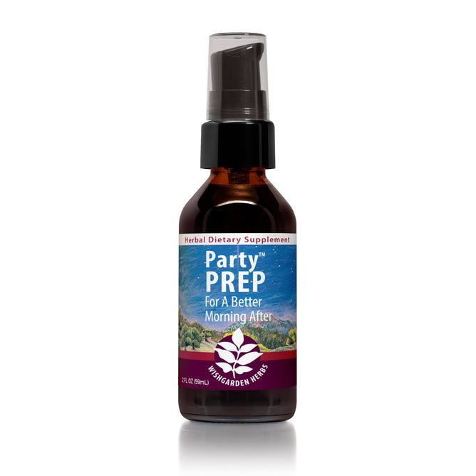 A 2 fl oz Party Prep herb supplement by WishGarden Herbs has a spray nozzle, a purple label featuring For A Better Morning After with nature imagery and a white leaf logo. Its designed for detoxification and liver support.