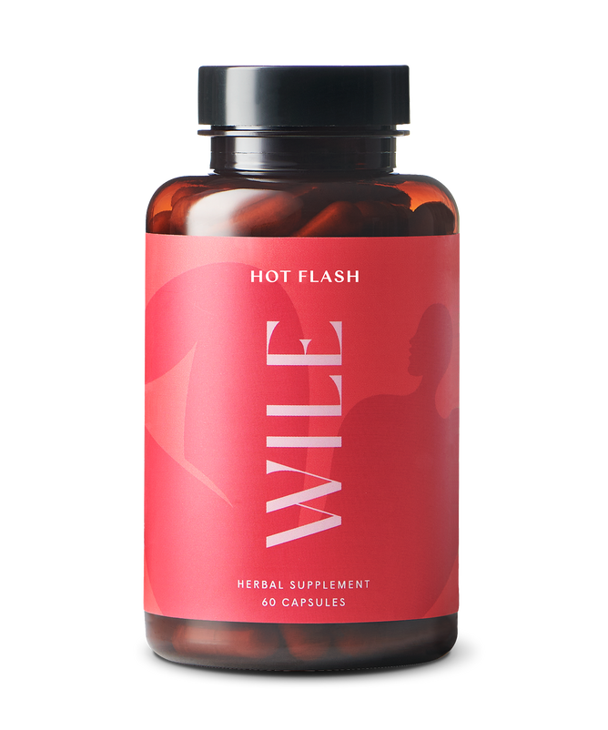 A WILE Herbal Supplement bottle for hormonal wellness has a red Hot Flash label, 60 capsules, and a black cap, designed to effectively manage hot flashes.