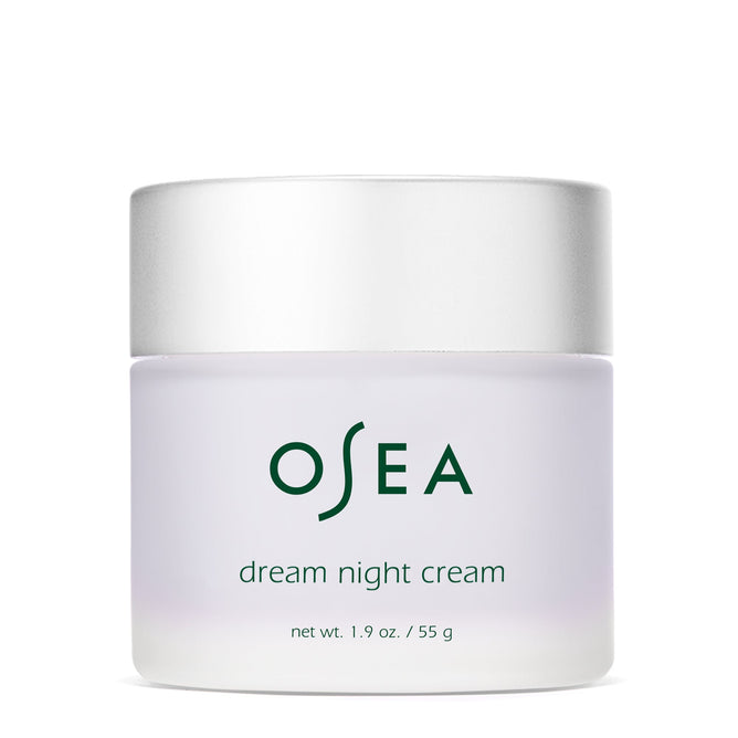 A white jar of OSEA Dream Night Cream with a silver lid, labeled as an overnight moisturizer and anti-aging cream with bio retinol. Net weight: 1.9 oz / 55 g.