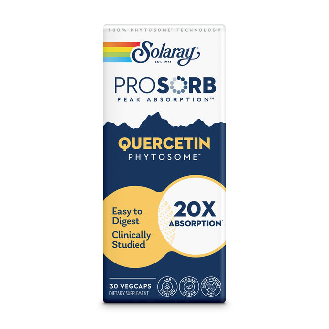 The image features a box of Solarays ProSorb Quercetin Phytosome™ Veg Capsule, a supplement with phytosomal technology. The label promotes Easy to Digest, Clinically Studied, and 20X Absorption for better bioavailability. Each box includes 30 vegcaps.