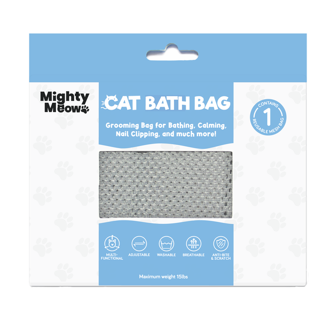 The Mighty Mutt Cat Bathing and Grooming Bag packaging, predominantly white with a blue top and paw print designs, emphasizes its grooming and calming uses while highlighting its adjustable and breathable features.